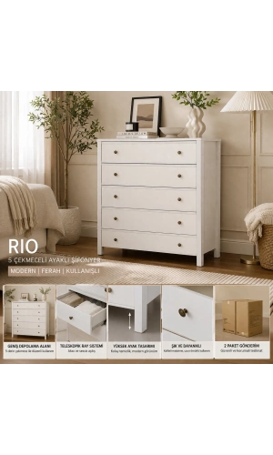 Pasific Home Rio 5 Çekmeceli Ayaklı Modern Şifonyer, Beyaz
