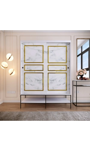 Pasific Home Martin 2 Kapaklı Sürgülü Gardırop Elbise Dolabı,150 cm, Beyaz & Beyaz Mermer