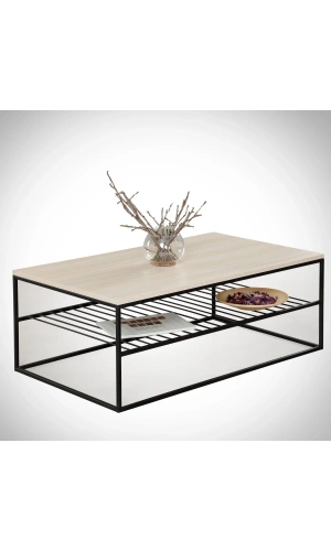 Pasific Home Etna Metal Ayaklı Orta Sehpa, Raflı Dikdörtgen Sehpa, Meşe