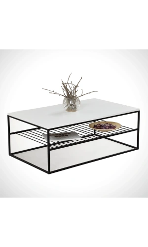 Pasific Home Etna Metal Ayaklı Orta Sehpa, Raflı Dikdörtgen Sehpa, Ahşap Beyaz