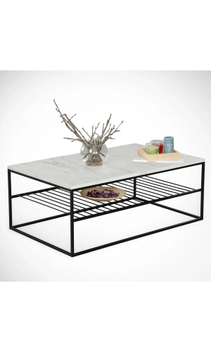 Pasific Home Etna Metal Ayaklı Orta Sehpa, Raflı Dikdörtgen Sehpa, Beyaz Mermer