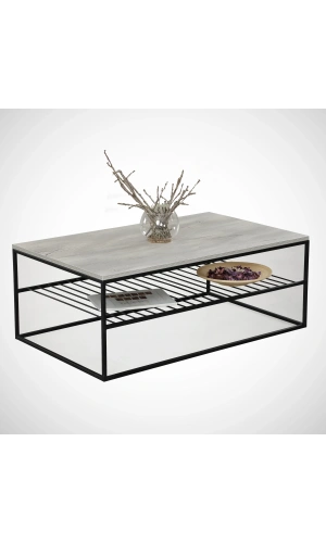 Pasific Home Etna Metal Ayaklı Orta Sehpa, Raflı Dikdörtgen Sehpa, Beyaz Meşe