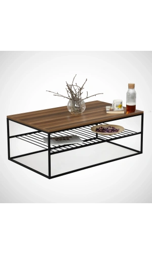 Pasific Home Etna Metal Ayaklı Orta Sehpa, Raflı Dikdörtgen Sehpa, Ceviz