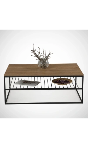 Pasific Home Etna Metal Ayaklı Orta Sehpa, Raflı Dikdörtgen Sehpa, Koyu Meşe