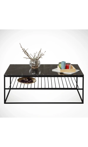 Pasific Home Etna Metal Ayaklı Orta Sehpa, Raflı Dikdörtgen Sehpa, Siyah Mermer