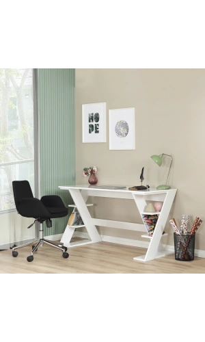 Pasific Home Lungo Raflı Çalışma Masası, Ofis Masası, 60X140 Cm, Parlak Beyaz