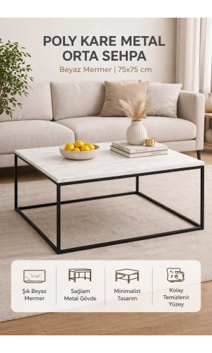 Pasific Home Poly Kare Metal Orta Sehpa, Beyaz Mermer