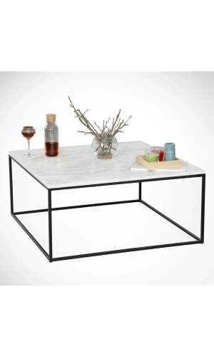 Pasific Home Poly Kare Metal Orta Sehpa, Beyaz Mermer