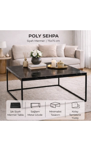 Pasific Home Poly Kare Metal Orta Sehpa, Siyah Mermer