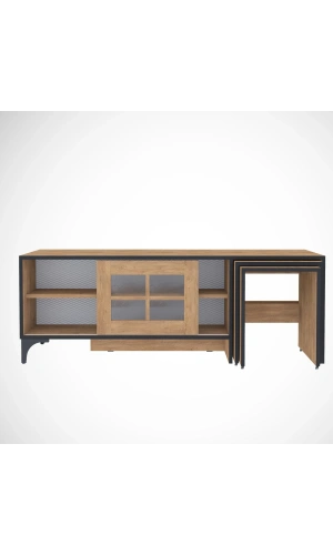 Pasific Home Revival Metal Ayaklı Sürgülü Tv Ünitesi, Zigon Sehpalı, 150 Cm, Koyu Meşe