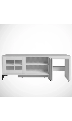 Pasific Home Revival Metal Ayaklı Sürgülü Tv Ünitesi, Zigon Sehpalı, 150 Cm, Ahşap Beyaz