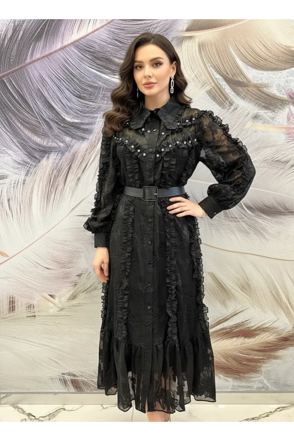 İTH-YAKASI TAŞLI ELBİSE SİYAH