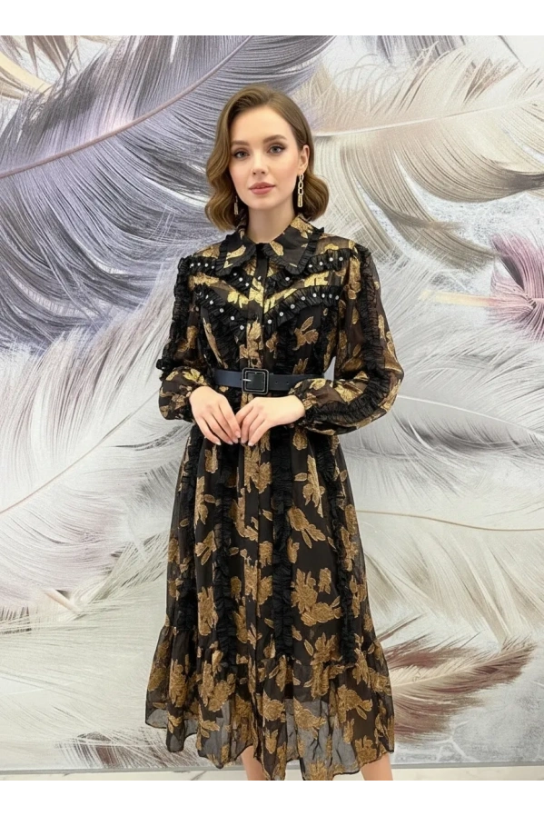 İTH-YAKASI TAŞLI ELBİSE GOLD