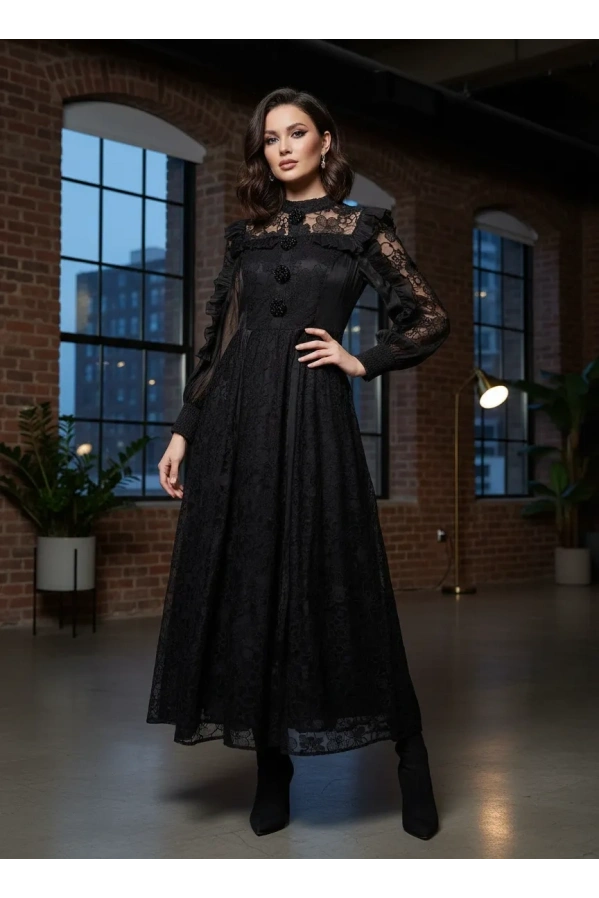 İTHAL-DANTELLİ FIRFIRLI ELBİSE SİYAH
