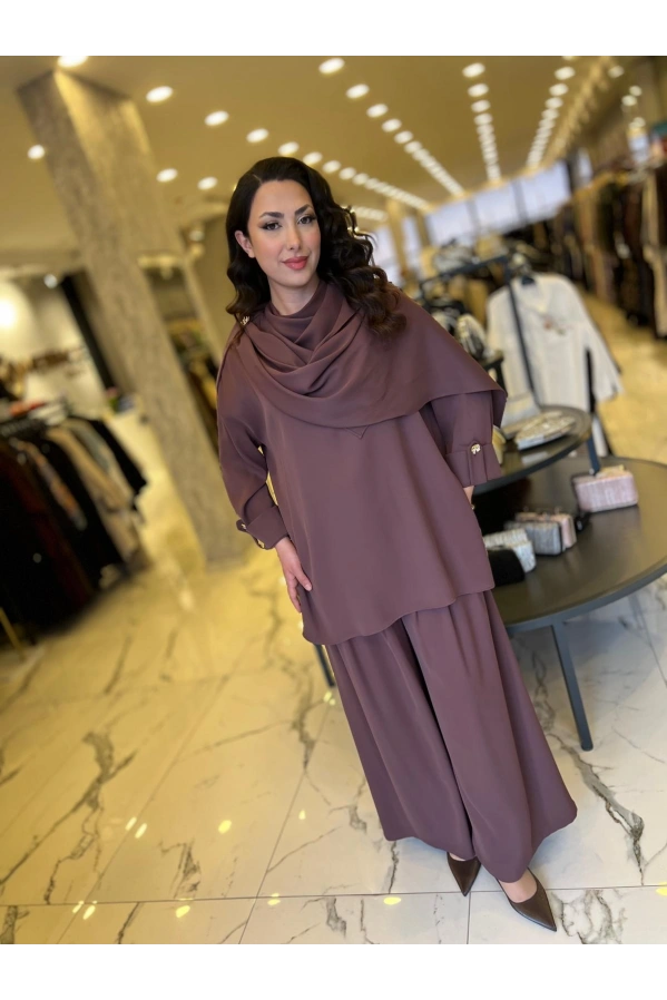 MY312-ÖNÜ ŞAL DETAYLI TAKIM KAHVE