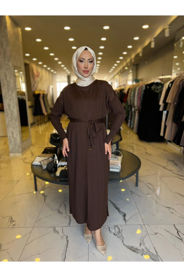 MY312-İKİLİ TRİKO ELBİSE KAHVE
