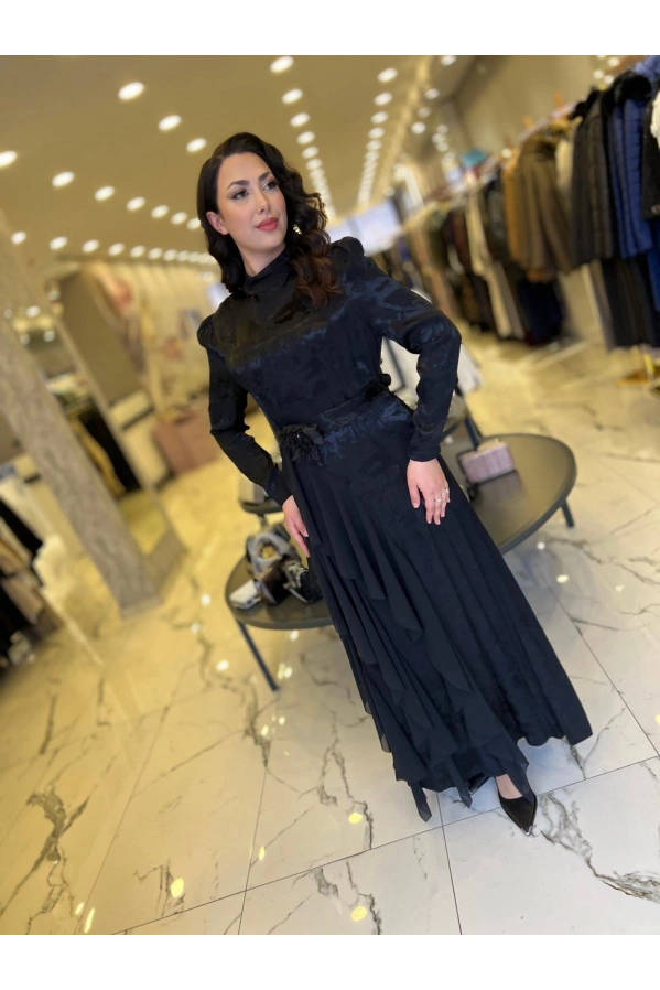 MY312-ŞİFON DETAYLI JAKAR ELBİSE SİYAH