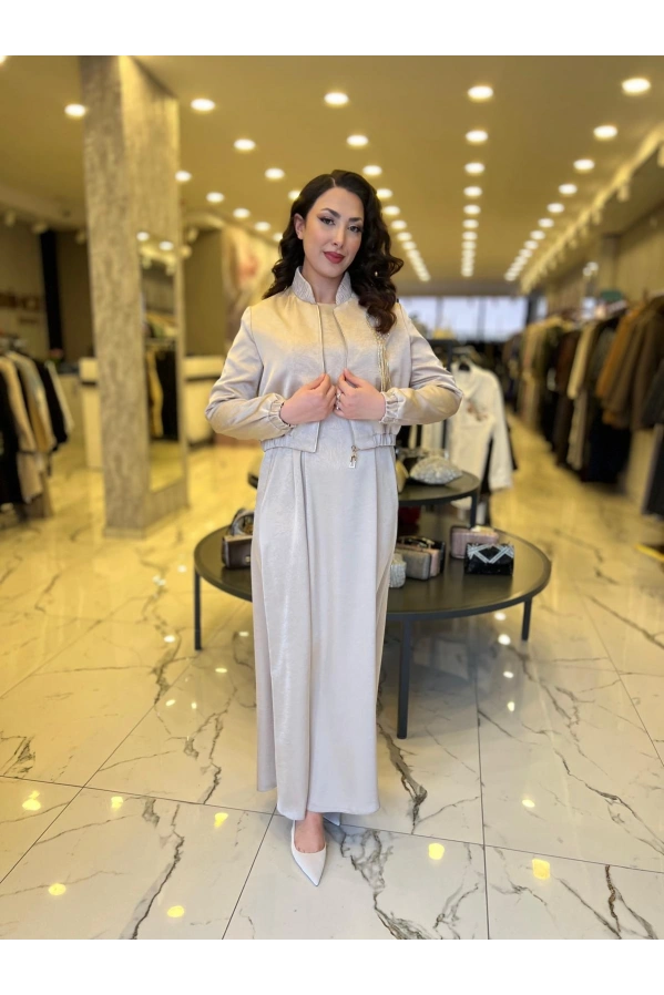 MATEKS-CEKETLİ ELBİSE BEJ