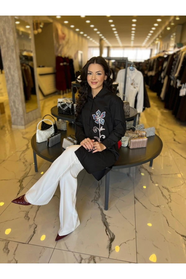 SOLİS-ÇİÇEK ÜZERİ TAŞLI TUNİK SİYAH