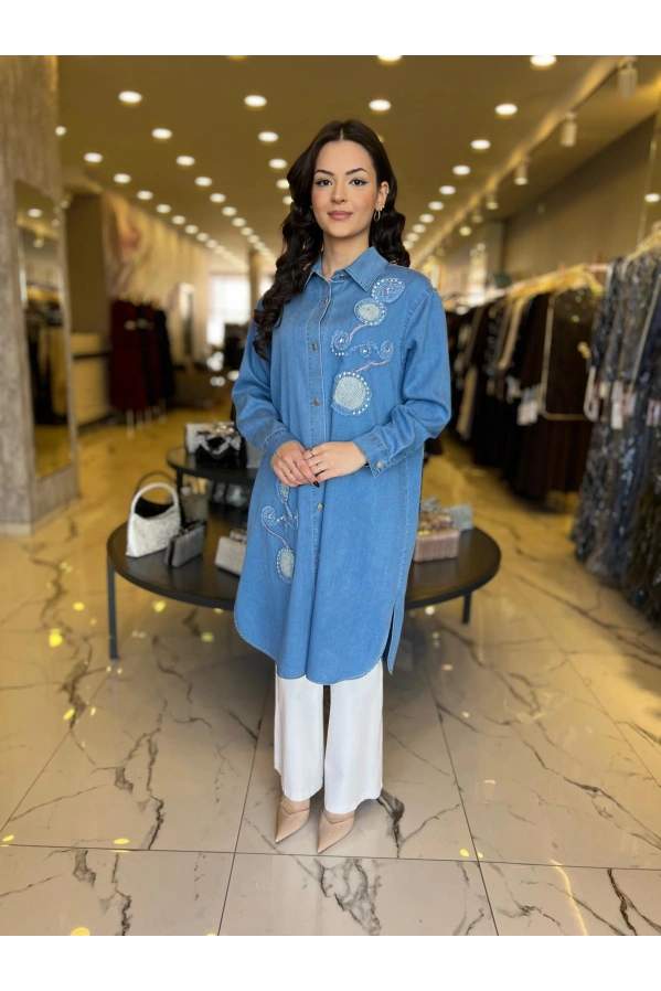 SOLİS-ÖNÜ DESENLİ KOT TUNİK AÇIK MAVİ