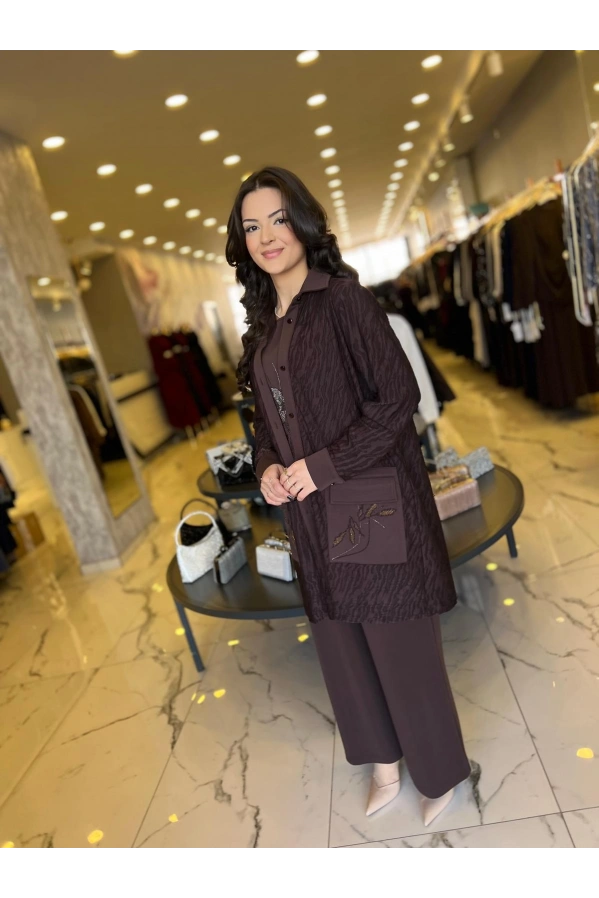 SOLİS-ZARİF ÇİZGİ 3 LÜ PANTOLONLU TAKIM KAHVE