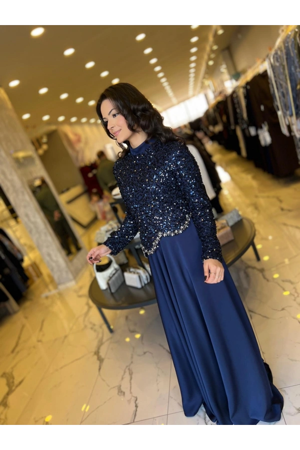 MATEKS-PAYETLİ ELBİSE LACİVERT