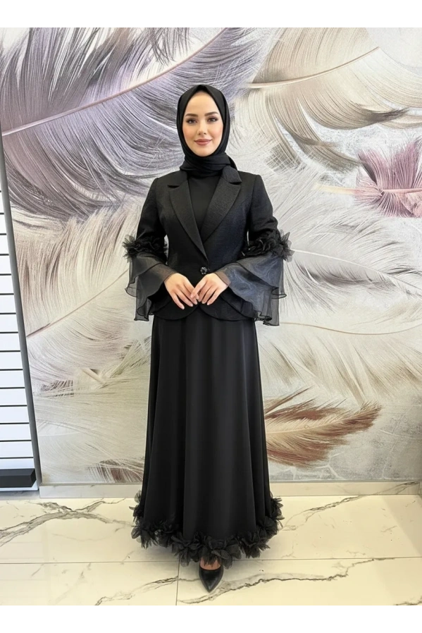 GAZELLA-TÜL DETAYLI ETEKLİ TAKIM SİYAH