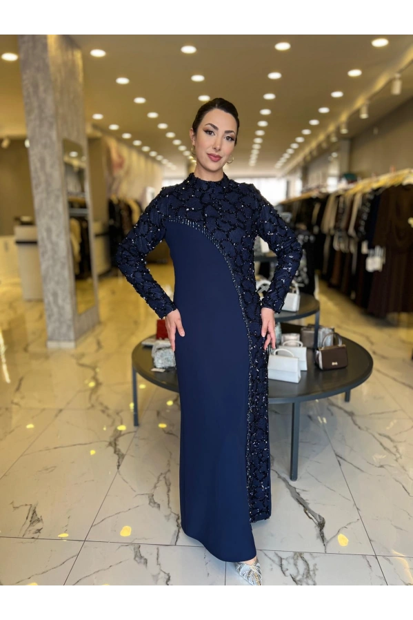 BEYOĞLU-PUL DETAYLI ELBİSE LACİVERT