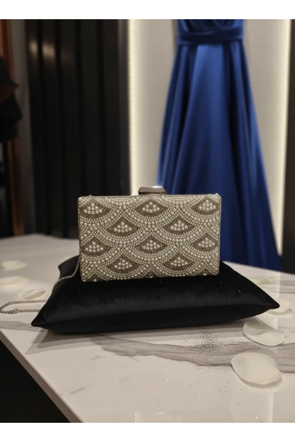 MERİHCE-KUMLU İNCİLİ ABİYE ÇANTA GÜMÜŞ