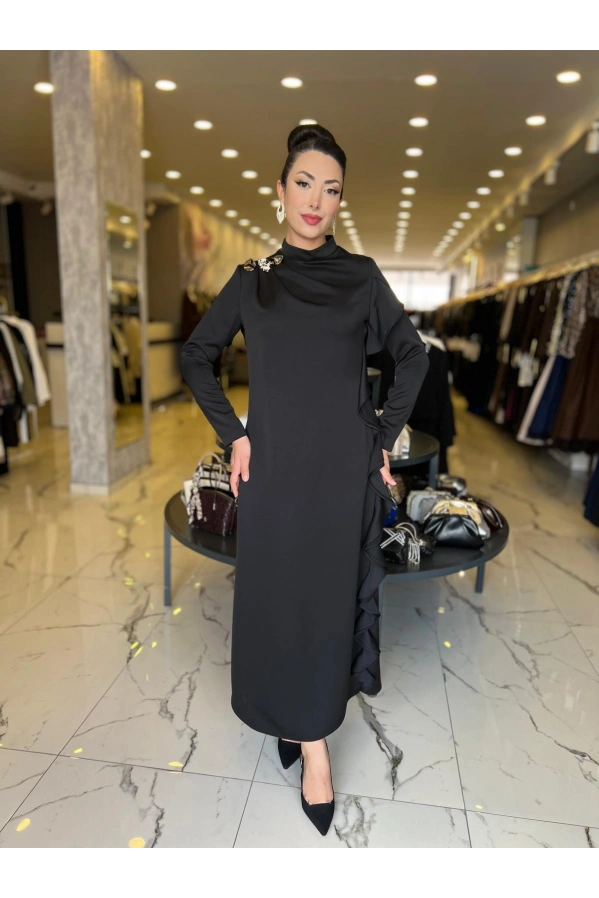 MATEKS-YANI FIRFIRLI ELBİSE SİYAH