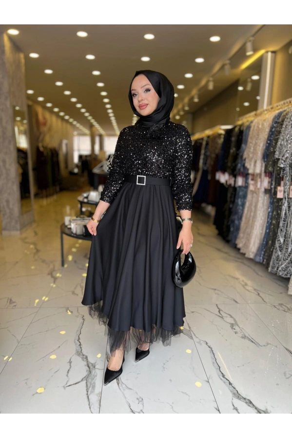 MATEKS-PUL PAYETLİ ELBİSE SİYAH