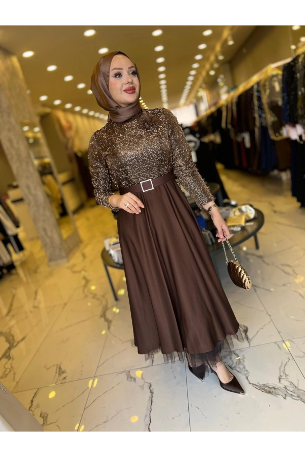 MATEKS-PUL PAYETLİ ELBİSE KAHVE