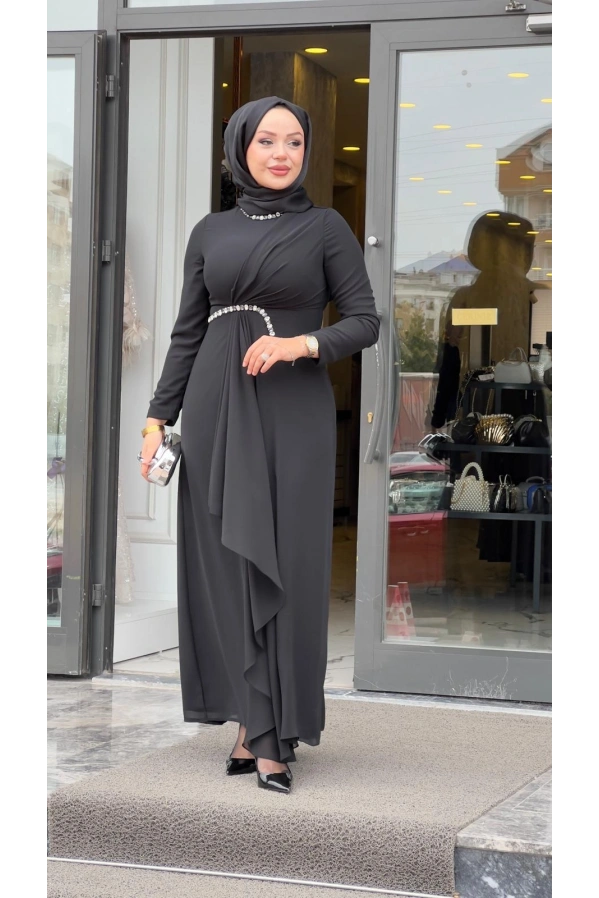 MATEKS-BELİ TAŞLI ELBİSE SİYAH