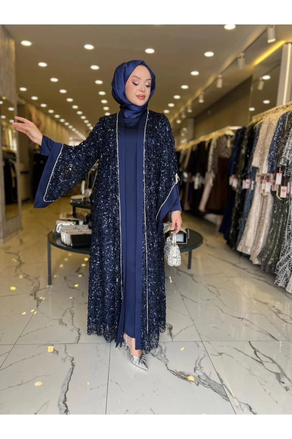 MATEKS-PUL DETAY ABAYA ELBİSE LACİVERT