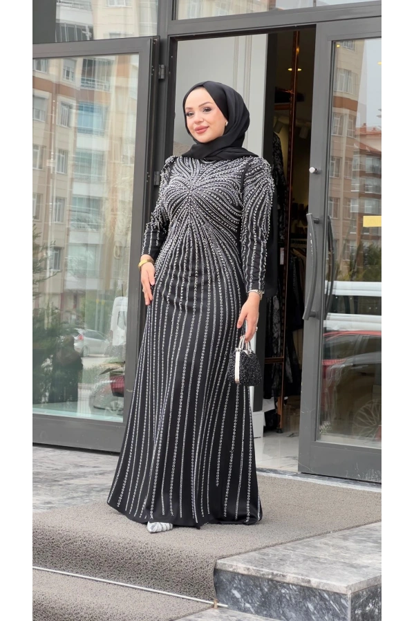 BEYOĞLU-BONCUK DETAYLI ABİYE ELBİSE SİYAH
