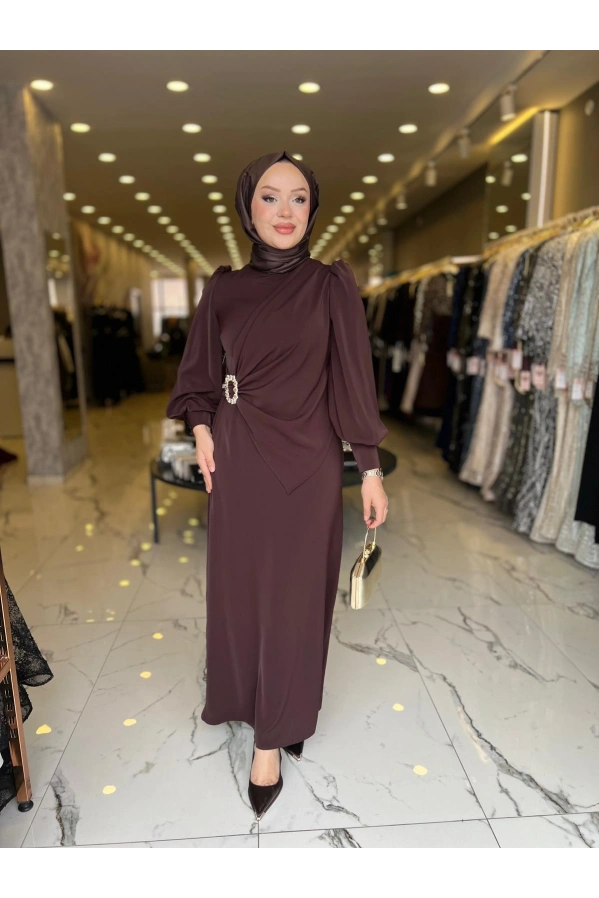 MATEKS-YANI TAŞLI ELBİSE KAHVE