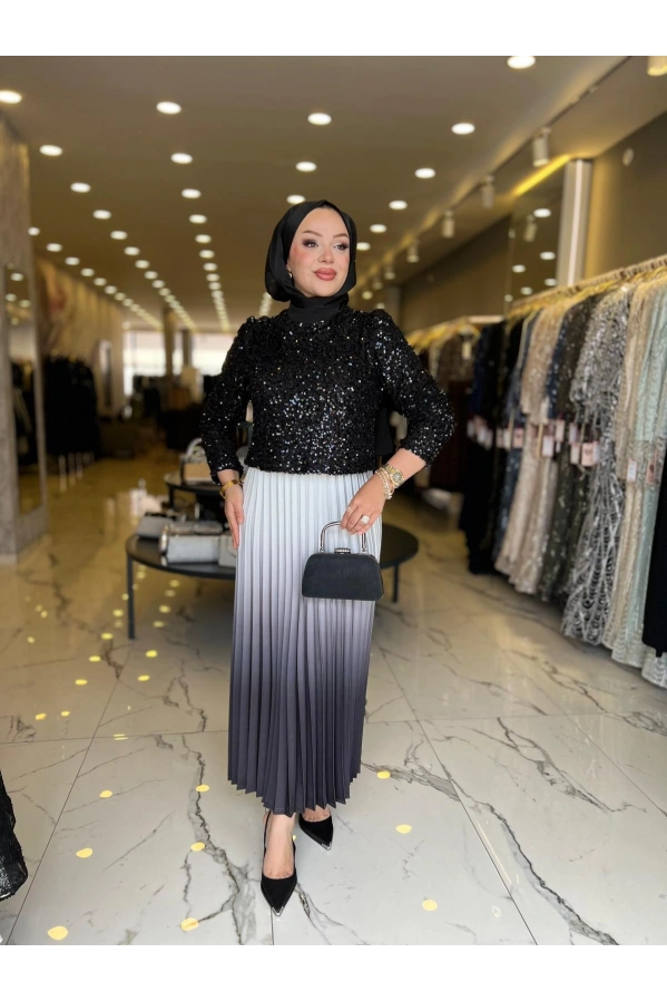 MATEKS-ETEĞİ PLİSELİ PAYETLİ TAKIM SİYAH