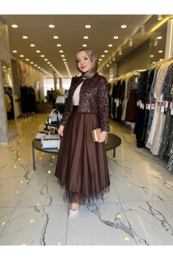 MATEKS-PAYETLİ CEKET ETEKLİ TAKIM KAHVE