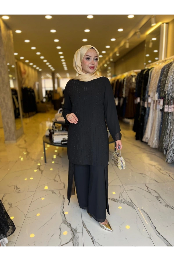 PERİ-ŞİFON TAŞLI PATOLONLU TAKIM SİYAH