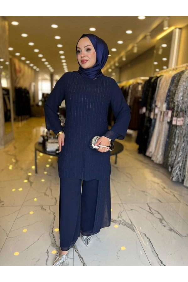 PERİ-ŞİFON TAŞLI PATOLONLU TAKIM LACİVERT