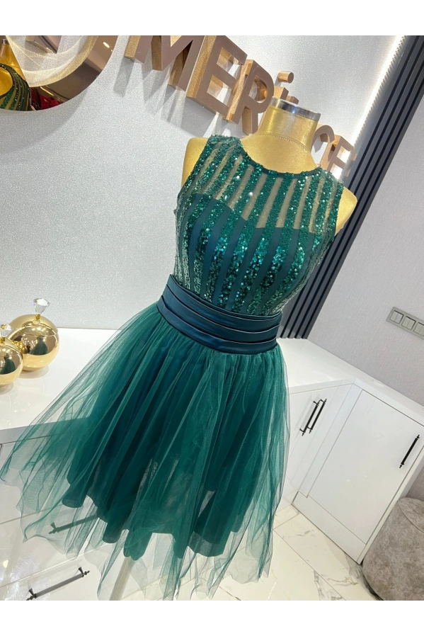 ARİN-PULLU TÜL ETEKLİ MİNİ ELBİSE YEŞİL