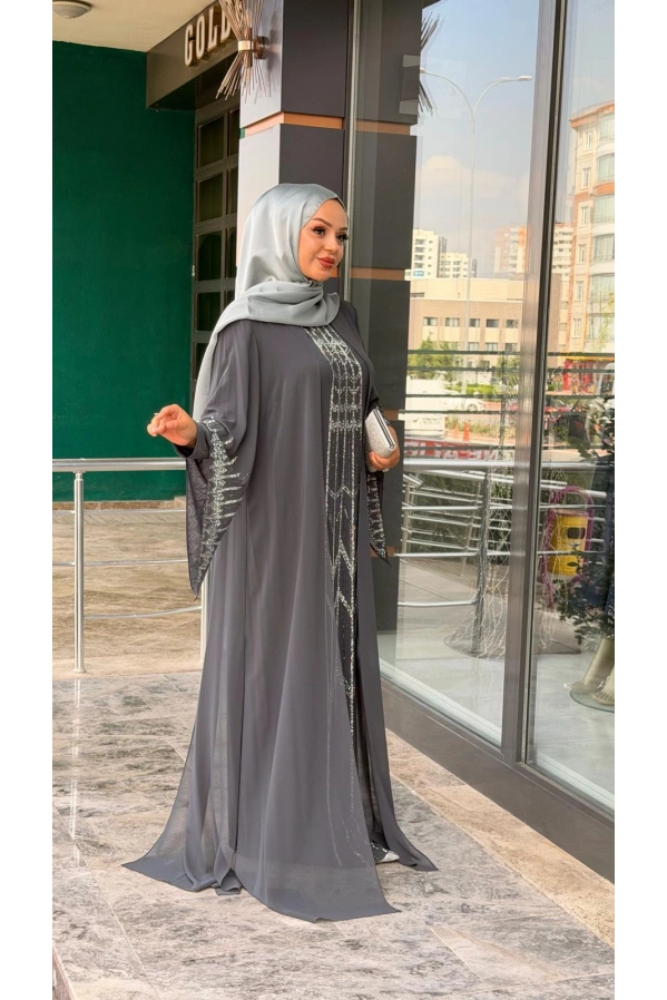 BALERİNA-ÖNÜ TAŞLI ABAYA GRİ