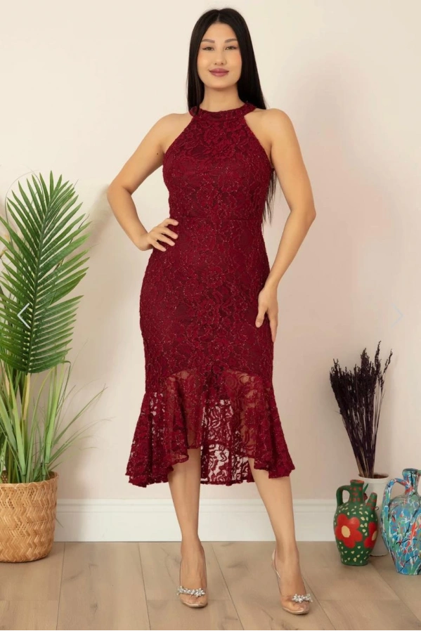 ESPENİCA-SİMLİ HALTER YAKA ELBİSE BORDO