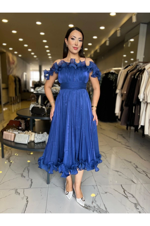 ESPENİCA-VOLAN DETAYLI MİNİ ELBİSE SAKS