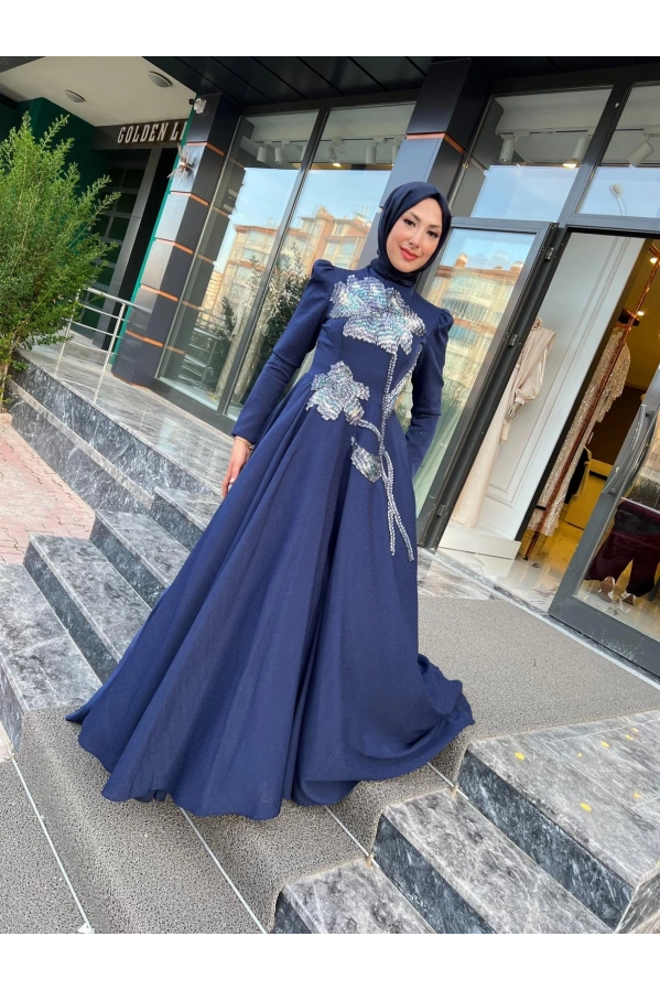 FERİHA SARIOĞLU-KABARIK TAŞLI ELBİSE LACİVERT
