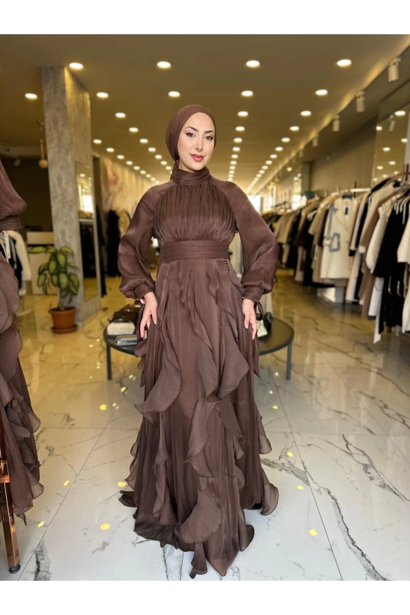 GAMZE ÖZKUL-TÜL DETAY DORA ABİYE KAHVE