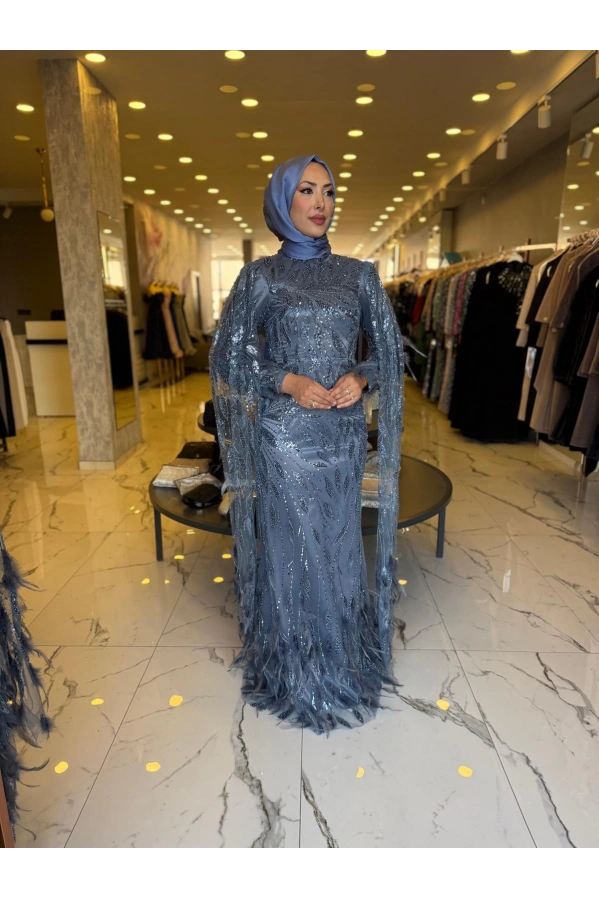 GM8066-KUŞ TÜYLÜ ABİYE İNDİGO