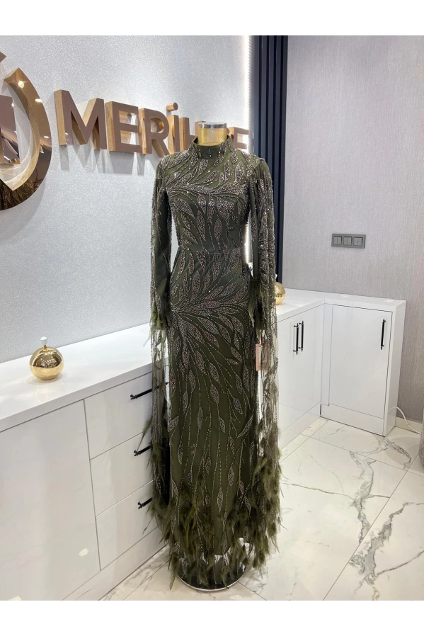 GM8066-KUŞ TÜYLÜ ABİYE YEŞİL