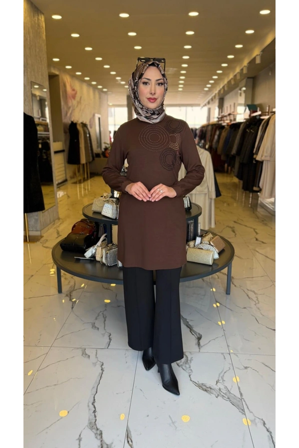 HAYA-DAİRE İNCİLİ TUNİK KAHVE