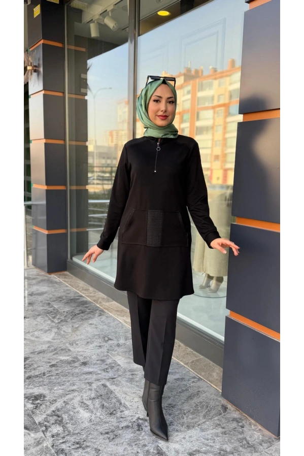 HAYA-KANGURU CEPLİ TUNİK SİYAH